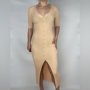 ZARA‎ Belted MIDI Dress V Neck Ribbed Button Down Half Sleeve Stretch